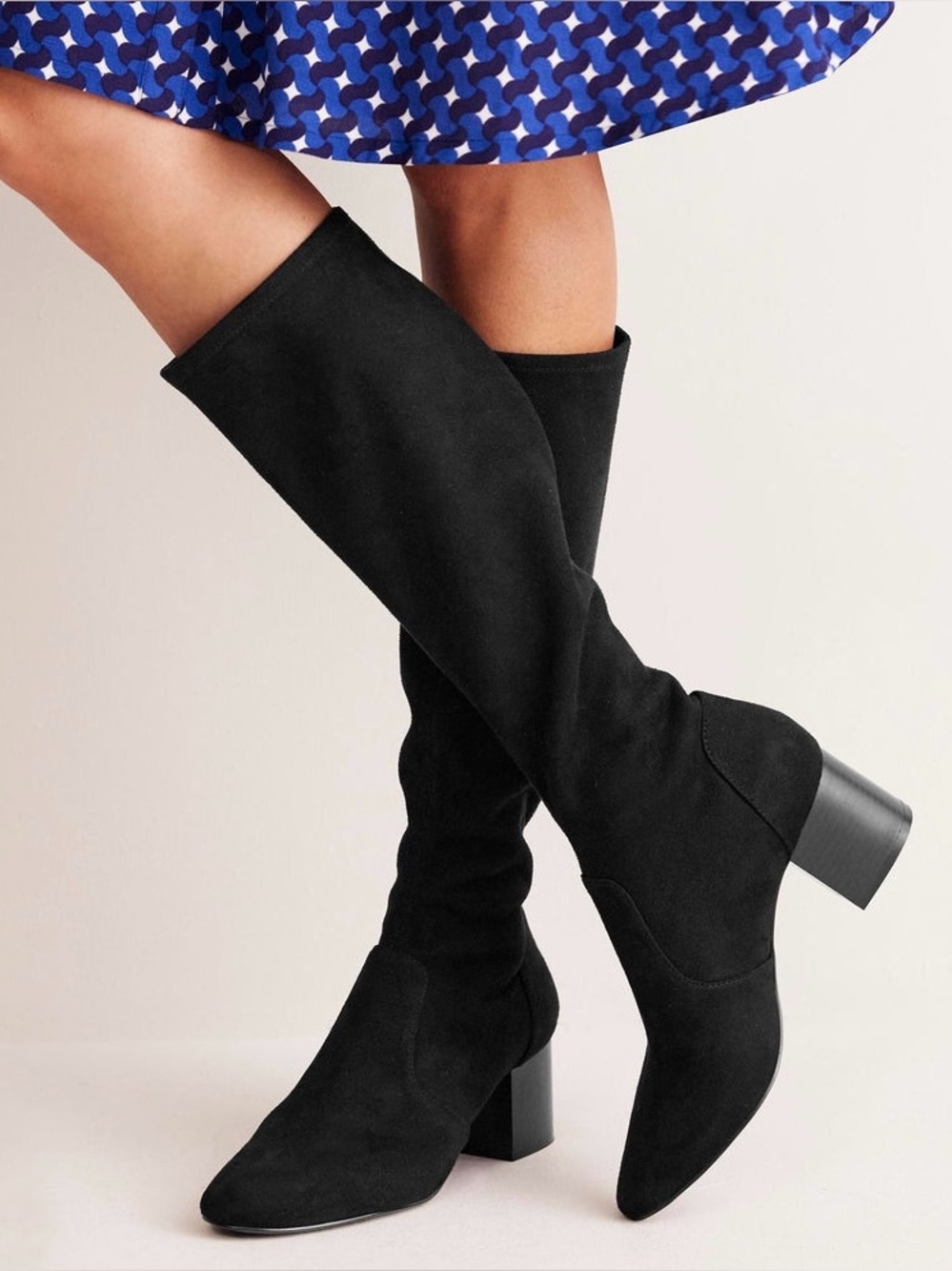 Boden Black Knee High Boots 10.5 42 Stretch Suede Pointed Toe Block Heel